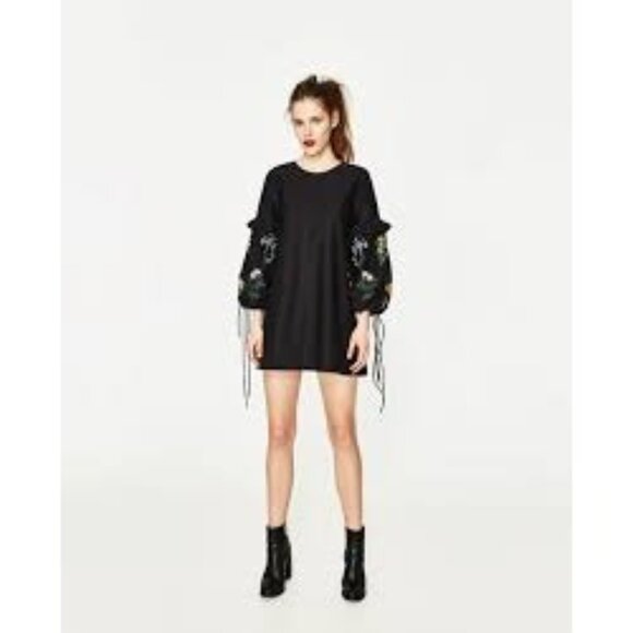 Zara Black Floral Embroidered Boho Mini Dress Large Balloon Ruffle Tie Sleeves - Picture 1 of 8
